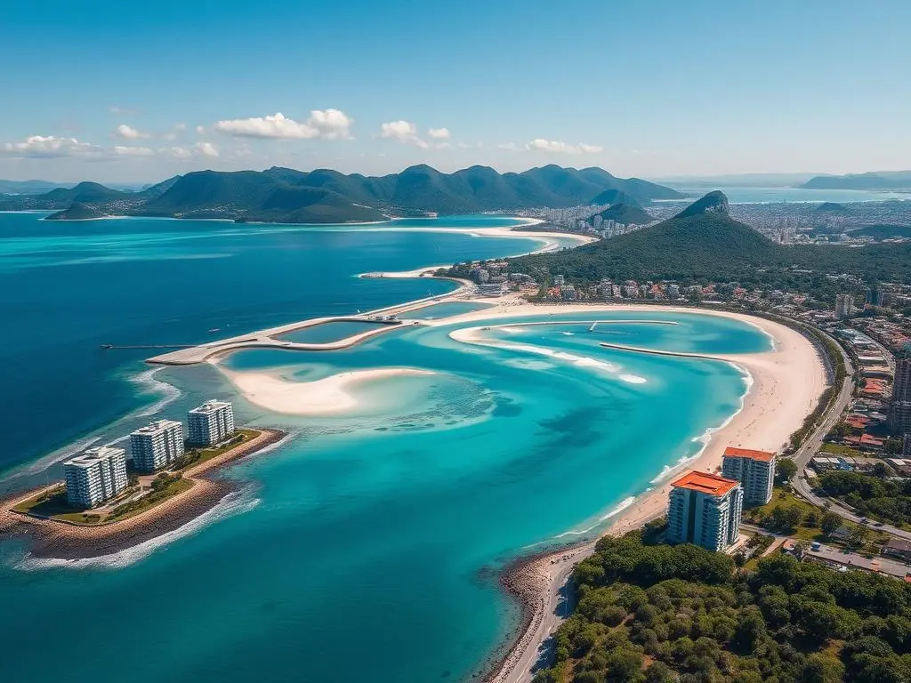 Vista aérea de Florianópolis mostrando praias e desenvolvimento imobiliário, ilustrando o investimento em imóveis no Brasil Vista aérea de Florianópolis mostrando praias e desenvolvimento imobiliário, ilustrando o investimento em imóveis no Brasil