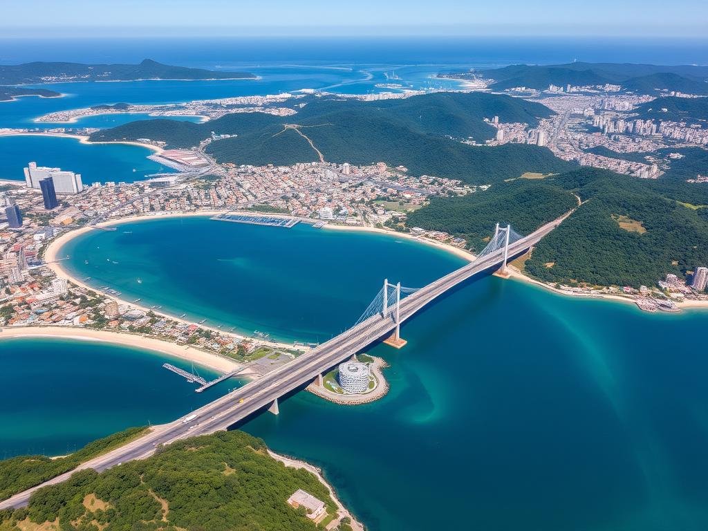 Vista aérea de Florianópolis mostrando suas praias, pontes e áreas verdes, destacando por que é considerada um dos melhores lugares para viver no Brasil Vista aérea de Florianópolis mostrando suas praias, pontes e áreas verdes, destacando por que é considerada um dos melhores lugares para viver no Brasil