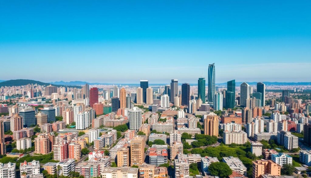 Vista aérea de São Paulo mostrando o horizonte de arranha-céus e desenvolvimento imobiliário Vista aérea de São Paulo mostrando o horizonte de arranha-céus e desenvolvimento imobiliário