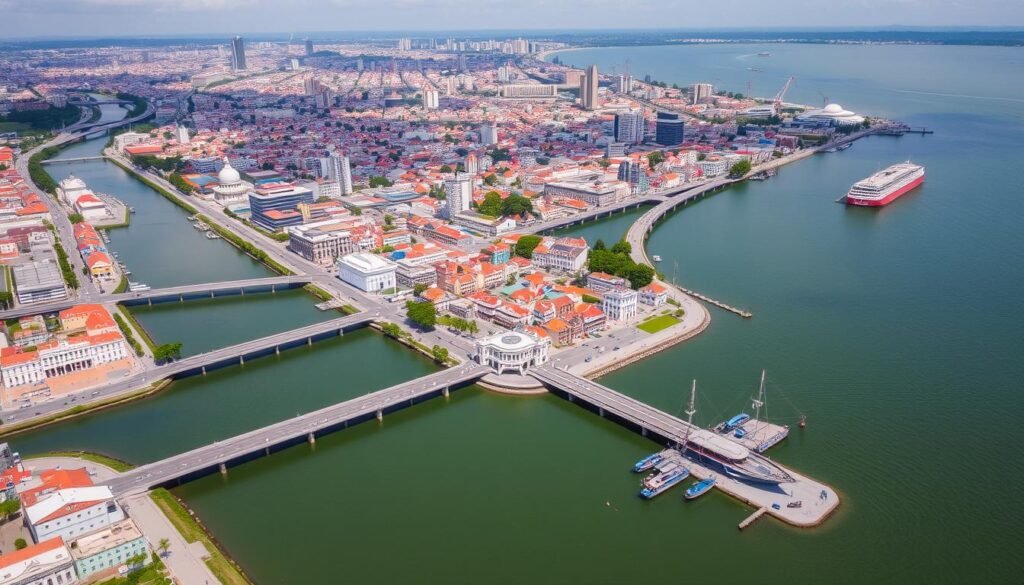 Vista aérea do Recife Antigo com seus rios e pontes, mostrando por que é chamada de 'Veneza Brasileira' e está entre os melhores lugares para viver no Brasil Vista aérea do Recife Antigo com seus rios e pontes, mostrando por que é chamada de 'Veneza Brasileira' e está entre os melhores lugares para viver no Brasil