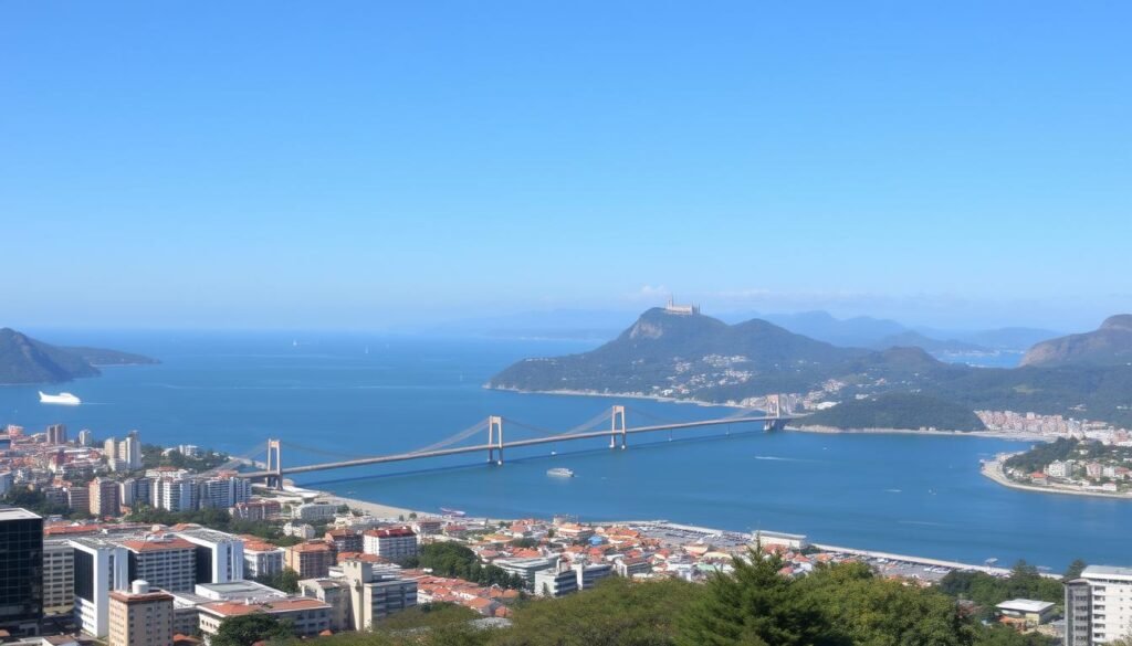Vista da baía de Vitória com o Convento da Penha ao fundo, destacando a beleza natural desta opção entre os melhores lugares para viver no Brasil Vista da baía de Vitória com o Convento da Penha ao fundo, destacando a beleza natural desta opção entre os melhores lugares para viver no Brasil