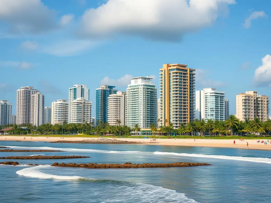 Vista da orla de Recife com seus edifícios modernos e desenvolvimento imobiliário, representando o investimento em imóveis no Brasil Vista da orla de Recife com seus edifícios modernos e desenvolvimento imobiliário, representando o investimento em imóveis no Brasil