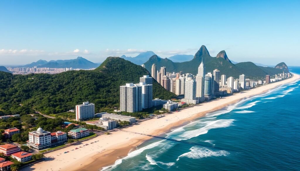 Vista da orla do Rio de Janeiro mostrando propriedades de frente para o mar e montanhas ao fundo Vista da orla do Rio de Janeiro mostrando propriedades de frente para o mar e montanhas ao fundo