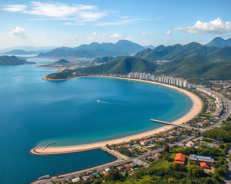Vista panorâmica da Lagoa da Conceição em Florianópolis, mostrando a integração entre natureza e desenvolvimento urbano Vista panorâmica da Lagoa da Conceição em Florianópolis, mostrando a integração entre natureza e desenvolvimento urbano