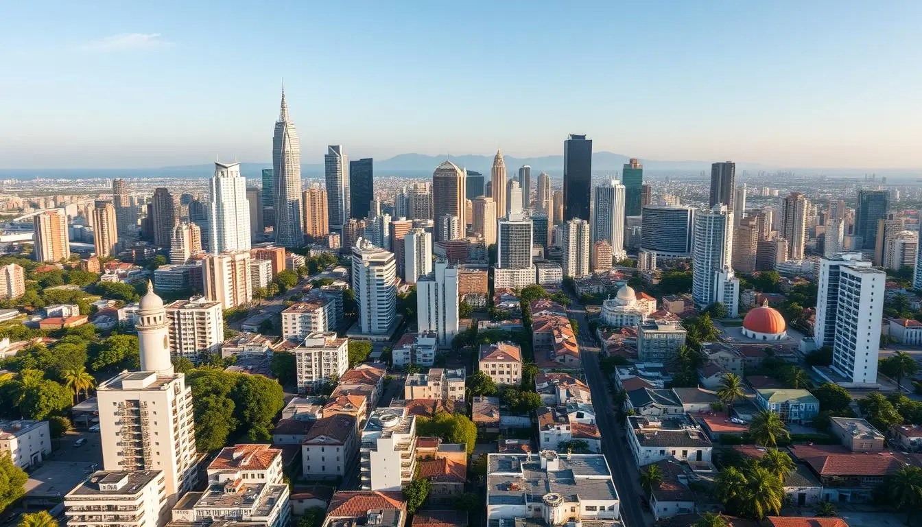 Vista panorâmica do mercado imobiliário no Brasil mostrando prédios modernos e tradicionais em uma grande cidade brasileira