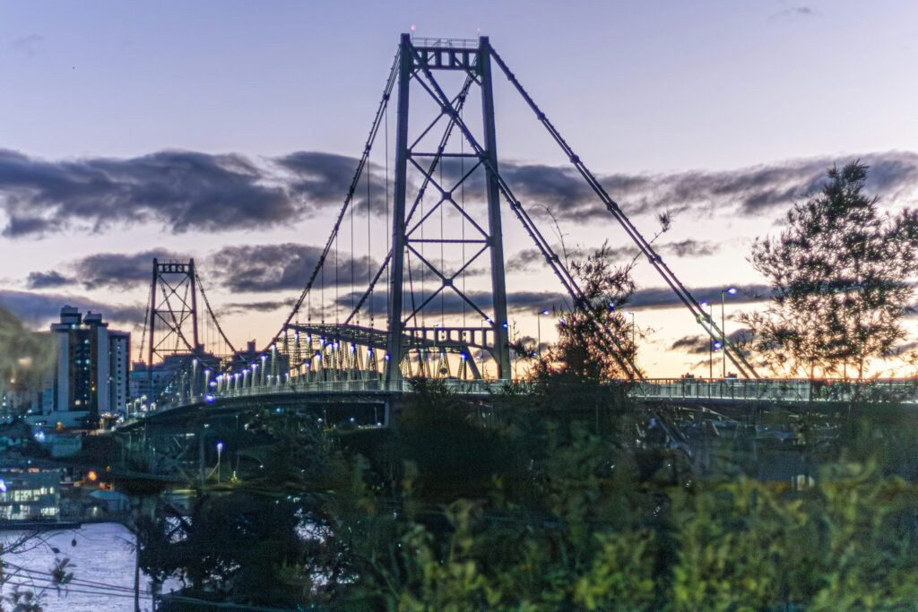 a bridge over a river with a city in the background a bridge over a river with a city in the background