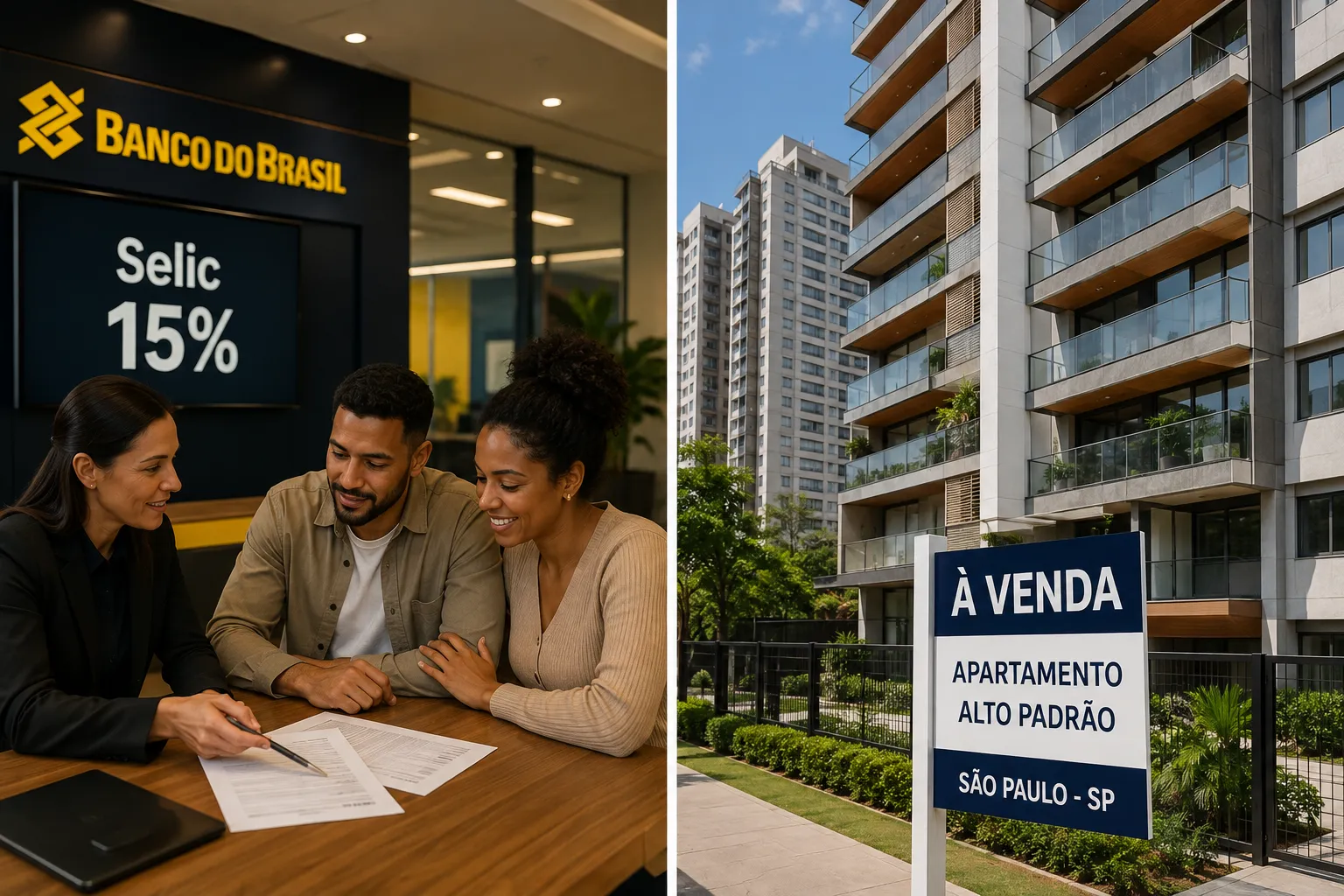 Editorial (): split-screen composition — left half shows a sleek Brazilian bank interior with a loan officer and a young