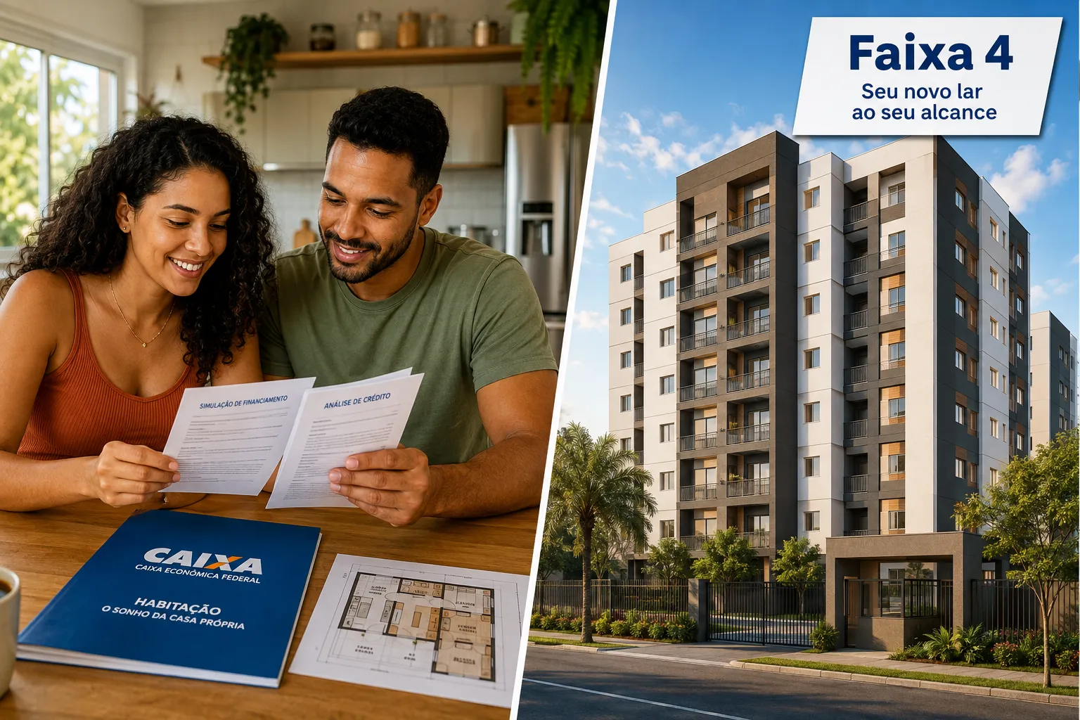 Editorial () split-screen illustration in bright daylight palette: left side shows a Brazilian couple reviewing housing