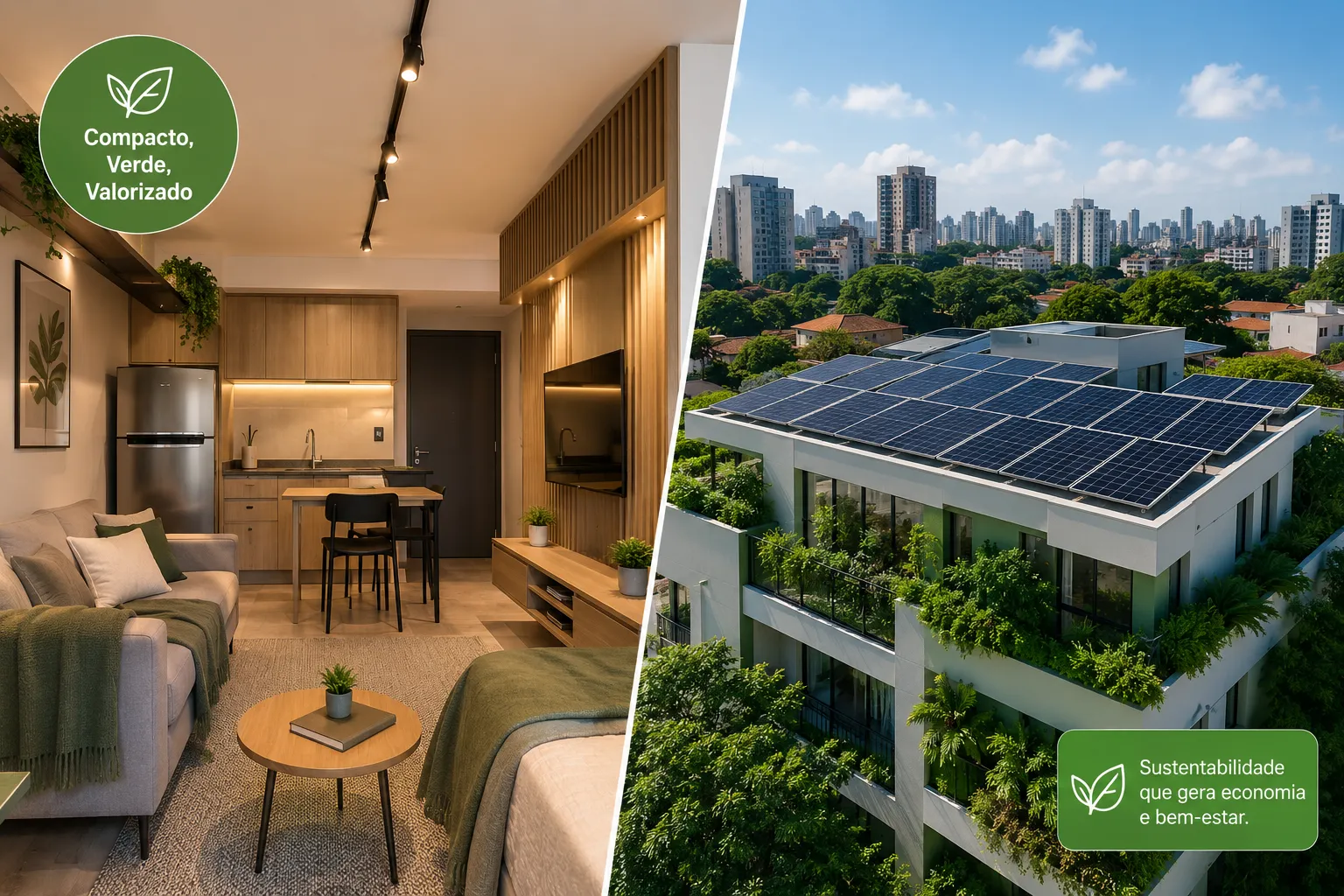 Editorial () split-screen illustration: left half shows a compact modern studio apartment interior in São Paulo with warm